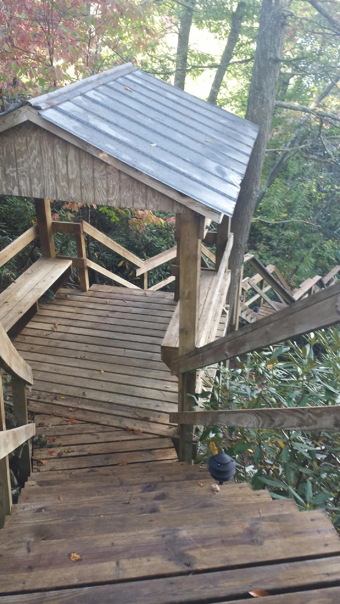 Metal roofed shelter over wooden steps on a wooded walkway — Skylight Repair & Installation work by our crew in Fort Jennings